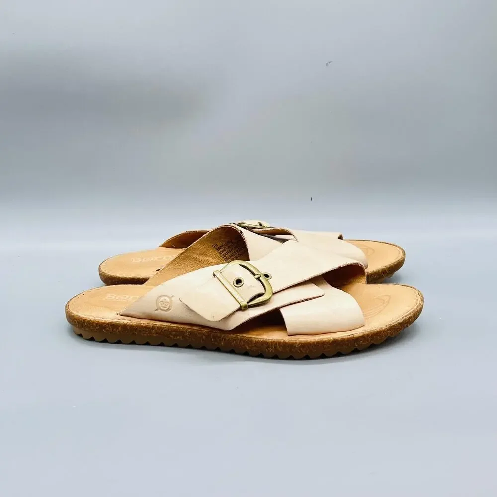 Born Sandals Womens 9 Beige Leather Crisscross Strap Slide Buckle Comfort Shoes